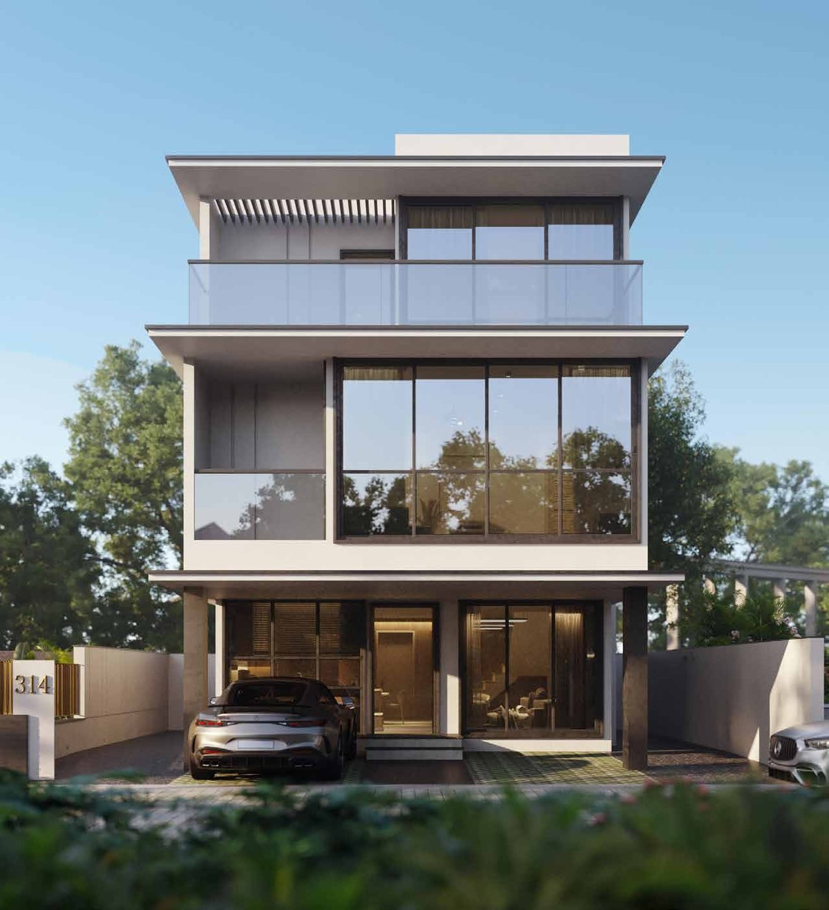 Casagrand Vybe — contemporary villa façade with large French windows and glass handrails